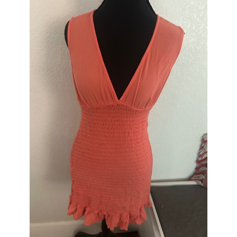 ONeill Womens Coral Pink Smocked V-Neck Ruffle Hem Mini Dress Size Medium